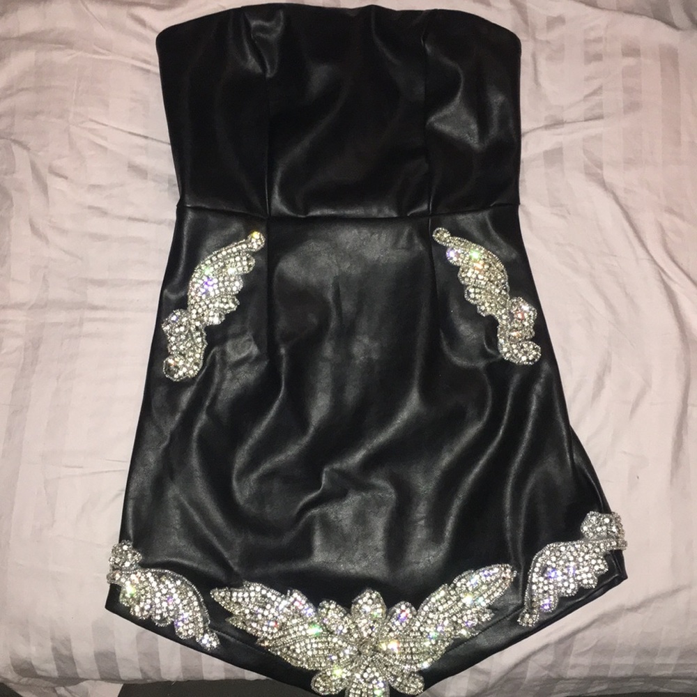 Black leather dress with diamond accent